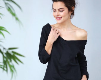 V-Neck Linen T-Shirt, Linen top, Summer linen top, Open shoulders, Linen Blouse, Flax women t-shirt, Black top, Natural top, Natural pajama