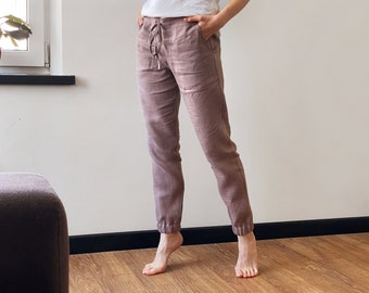 Pantalon en lin naturel, Pantalon d'été, Pantalon pour femme, Pantalon latte, Pantalon de pyjama pour femme, Pantalon de jogging en lin, Vêtements de détente en lin, Pantalon de yoga en lin