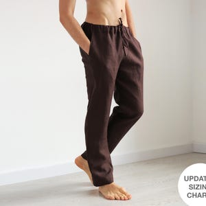 Pantalón recto de lino para hombre, modelo ASH — Marrón, con cordón ajustable