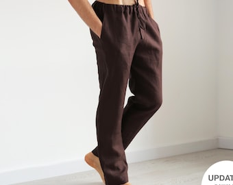 Straight Linen Pants for Men, Model ASH — Brown, Drawstring Linen Trousers