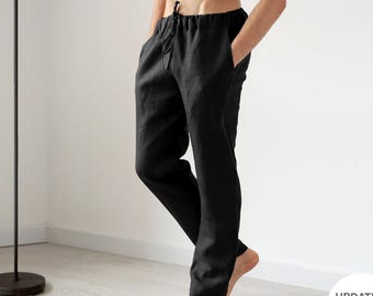 Men’s Straight Linen Pants, Model ASH — Black, Elastic Waist Lounge Pants