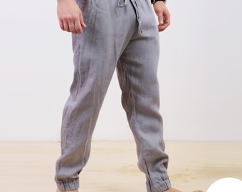 Men’s Linen Joggers with Elastic Cuffs MOUNTAIN ASH in Light Grey, Drawstring Waist Trousers