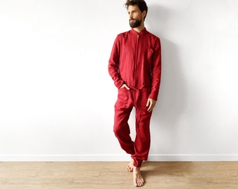 Mens linen jumpsuit, Mens overall, Mens romper, Jumpsuit for men, Red coveralls, Gift for him, Natural Red linen jumpsuit, Linen romper