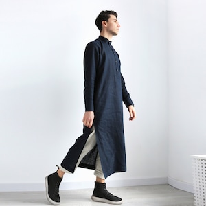 Caftán de hombre, Camisa larga, Túnica de lino de hombre, Vestido para hombre, Camisa azul oscuro, Estilo masculino Ropa de lino Caftán de hombre
