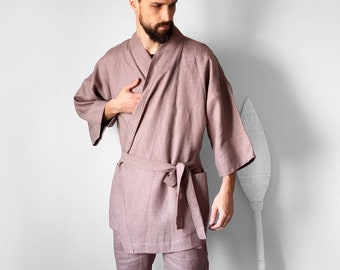 Mens linen kimono, Latte kimono men, Handmade cardigan, Linen coat, Linen loungewear, Flax robe, Spa robe
