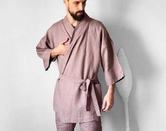 Herren Leinen Kimono, Latte Kimono Männer, Handgefertigte Strickjacke, Leinen Mantel, Leinen Loungewear, Flachs Robe, Spa Robe
