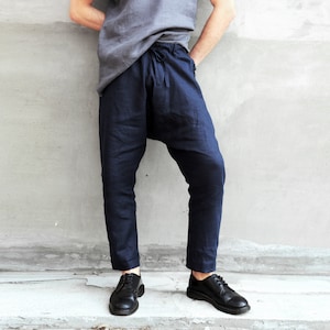 Mens linen baggy pants, Lounge pants, Dark blue baggy pants, Mens trousers,  Mens joggers, flax pants, Drop crotch pants, Linen clothing