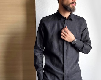 Mens linen shirt, Shirt for men, Dress shirt, Black shirt, Gift for him, Beach shirt, Wedding linen shirt, Spread Collar shirt