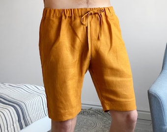 Shorts en lin pour hommes, shorts d'été, shorts pour hommes, shorts de printemps, vêtements bio pour homme, shorts de plage, shorts basiques, shorts safran