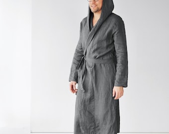 Mens linen bathrobe, Dark grey hooded robe, Hoodie bathrobe, Gown for Men, Gift for him, Natural loungewear