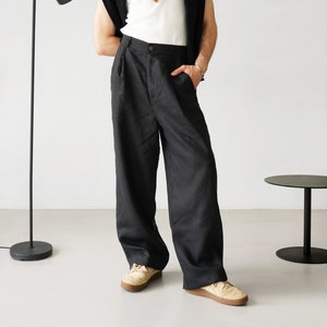 Wide mens linen palazzo pants with pleats, High-waist wide linen joggers, Mens trousers, Loose fit pants, Baggy pants image 1