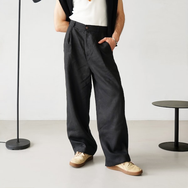 Wide mens linen palazzo pants with pleats, High-waist wide linen joggers, Mens trousers, Loose fit pants, Baggy pants