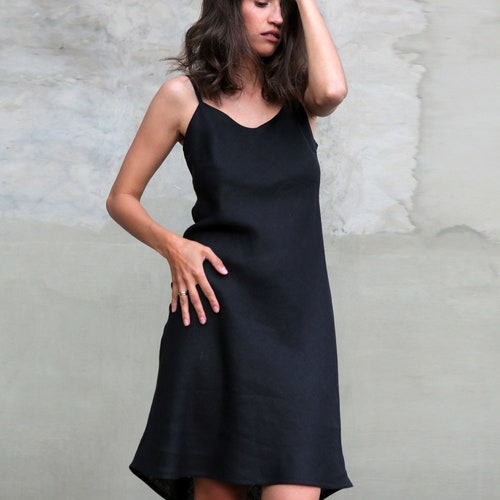 Linen Summer dress, Black dress with straps, Basic linen dress, Lingerie gift for women, Flax dress, Black vocation dress, Beach dress