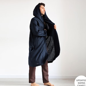 Mens linen robe with a hood, Dark blue robe, Summer gown, Hooded robe,  Jacket, Bathrobe Assassin Hoodie, Linen gown for Men, Gift for him