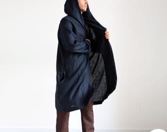 Accappatoio da uomo in lino con cappuccio, accappatoio blu scuro, vestaglia estiva, accappatoio con cappuccio, giacca, accappatoio Assassin Hoodie, vestaglia in lino per uomo, regalo per lui