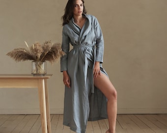Maxi Handmade linen bathrobe, Gift for her , Gray linen robe, Homewear, Pure bathrobe, Wedding robe, Linen cape, Natural linen loungewear
