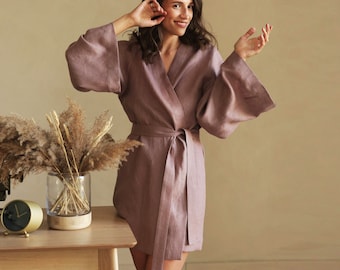 Womens Linen kimono, Linen bathrobe, Linen loungewear, Natural linen robe, Linen dress, Linen cape