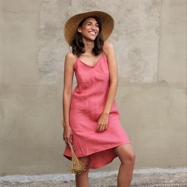 Linen Summer dress, Peach dress with straps, Basic linen dress, Lingerie gift for women, Flax dress peach, Beach dress, Vocation dress