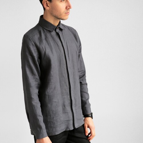 Gray Mens Linen Shirt Dress Shirt Gift for Him Linen Etsy