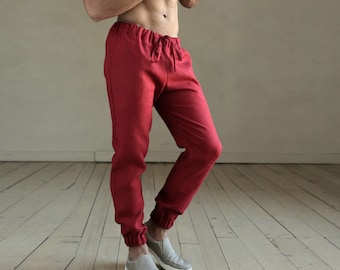Mens linen pants, Lounge pants, Linen trousers, Red pants, Spring flax Trousers,  Beach pants, Pajama pants, Yoga clothes, Summer pants