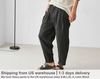 Mens linen pants with pleats, Black linen joggers, Mens trousers, Loose fit pants, Baggy pants