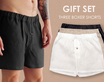 Cadeauset linnen herenondergoed, boxershort met knoop, zomershort, herenboxer, slaapshort, basisshort