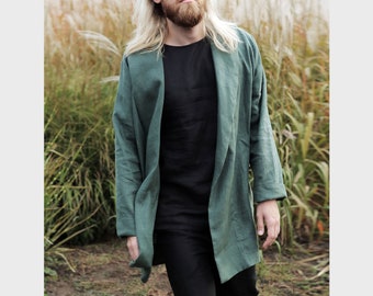 Linen jacket, Green trench, Green cardigan for men, Linen cardigan, Cape Jacket, Linen coat, Wedding jacket, Gift for him, Summer jacket