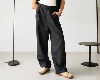 Brede heren linnen palazzo broek met plooien, Hoge taille brede linnen joggers, Herenbroeken, Loose fit broek, Baggy broek