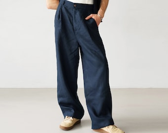 Wide mens linen palazzo pants with pleats, High-waist blue linen joggers, Mens trousers, Loose fit pants, Baggy pants