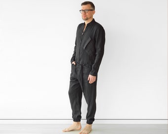 Mens linen jumpsuit, Mens overall, Mens romper, Jumpsuit for men, Black coveralls, Gift for him, Natural Black linen jumpsuit, Linen romper