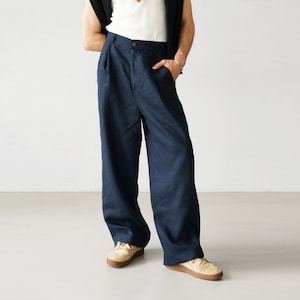 Wide mens linen palazzo pants with pleats, High-waist blue linen joggers, Mens trousers, Loose fit pants, Baggy pants