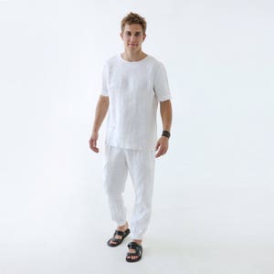 Mens linen set, Mens kit, Bride White linen set, Linen t-shirt, Trousers for men, White party, Basic pants, Rustic wedding, Pajama set