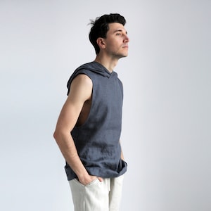 Mouwloos linnen heren-T-shirt, basis-T-shirt, shirt voor mannen, T-shirt met capuchon, grijs T-shirt, mouwloze single, cadeau voor hem, yoga-T-shirt