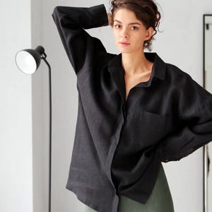 Camisa de lino de gran tamaño para mujer, Camisa de manga ancha, Camisa de vestir, Camisa de color negro, Camisa de lino holgada