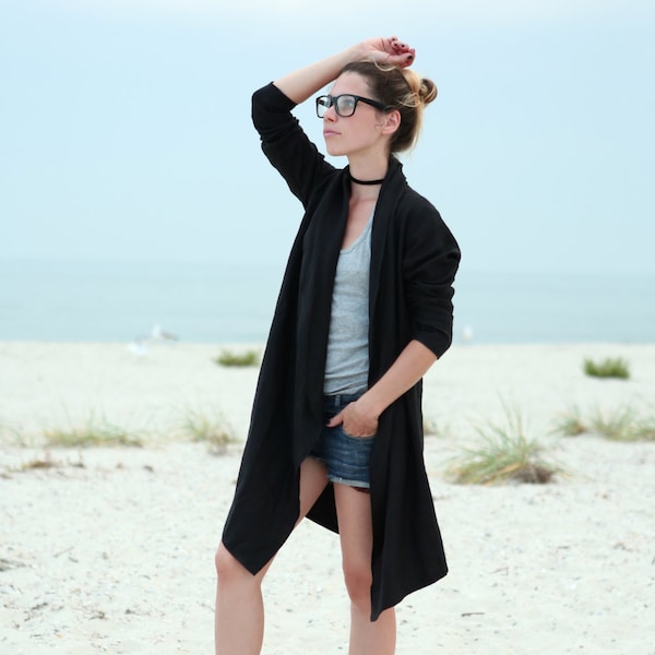 Black Summer Cardigan, natural linen Bathrobe, Natural linen mantle, Cardigan for women, Linen cape, Linen jacket, black linen kimono