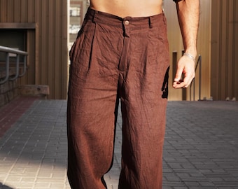 Wide mens linen palazzo pants with pleats, High-waist wide linen joggers, Mens trousers, Loose fit pants, Baggy pants
