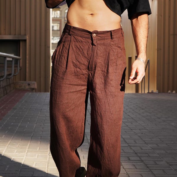 Wide mens linen palazzo pants with pleats, High-waist wide linen joggers, Mens trousers, Loose fit pants, Baggy pants