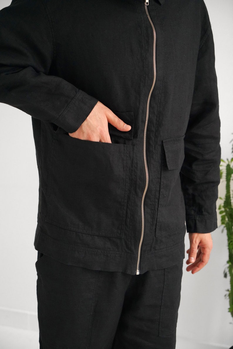Mens linen bomber jacket, Summer cardigan, Bomber jacket, Black bomber jacket, Gift for him, Linen jacket, Linen coat image 4