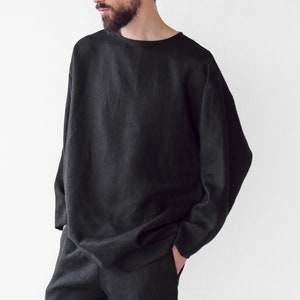 Mens linen oversize sweatshirt, Black sweatshirt, Shirt for men, Mans relax shirt, Black shirt, Beach linen shirt, Linen loungewear zdjęcie 8