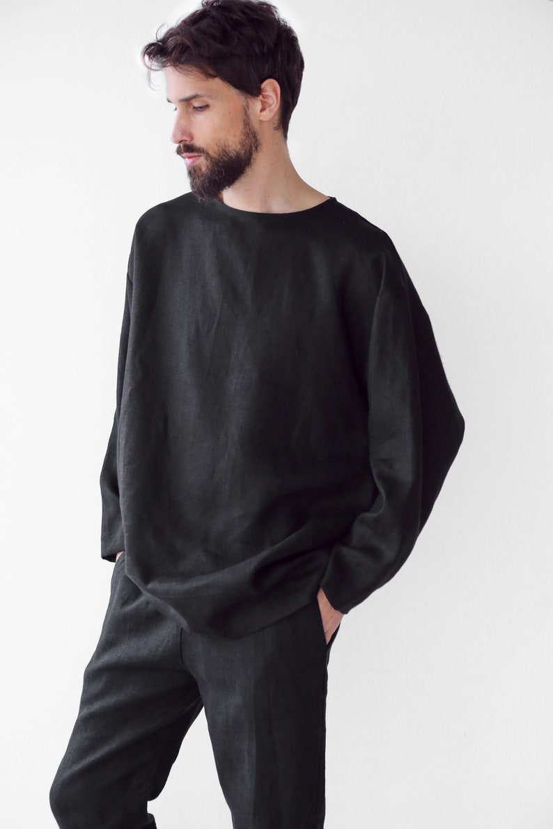 Mens linen oversize sweatshirt, Black sweatshirt, Shirt for men, Mans relax shirt, Black shirt, Beach linen shirt, Linen loungewear zdjęcie 8