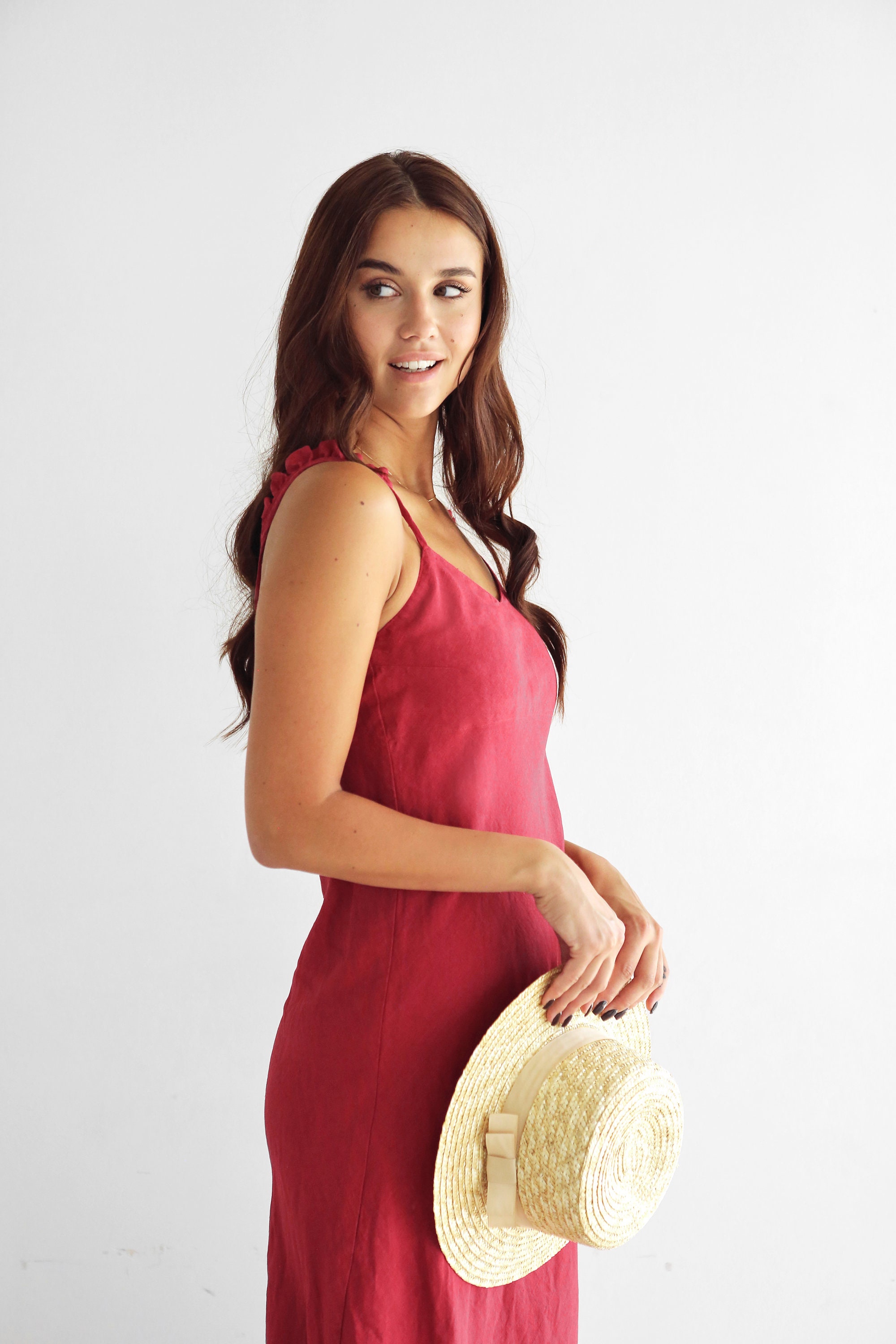 knee length dresses for ladies Andres Otalora Ser Arte Red Linen Embellished Maxi Dress main image 1