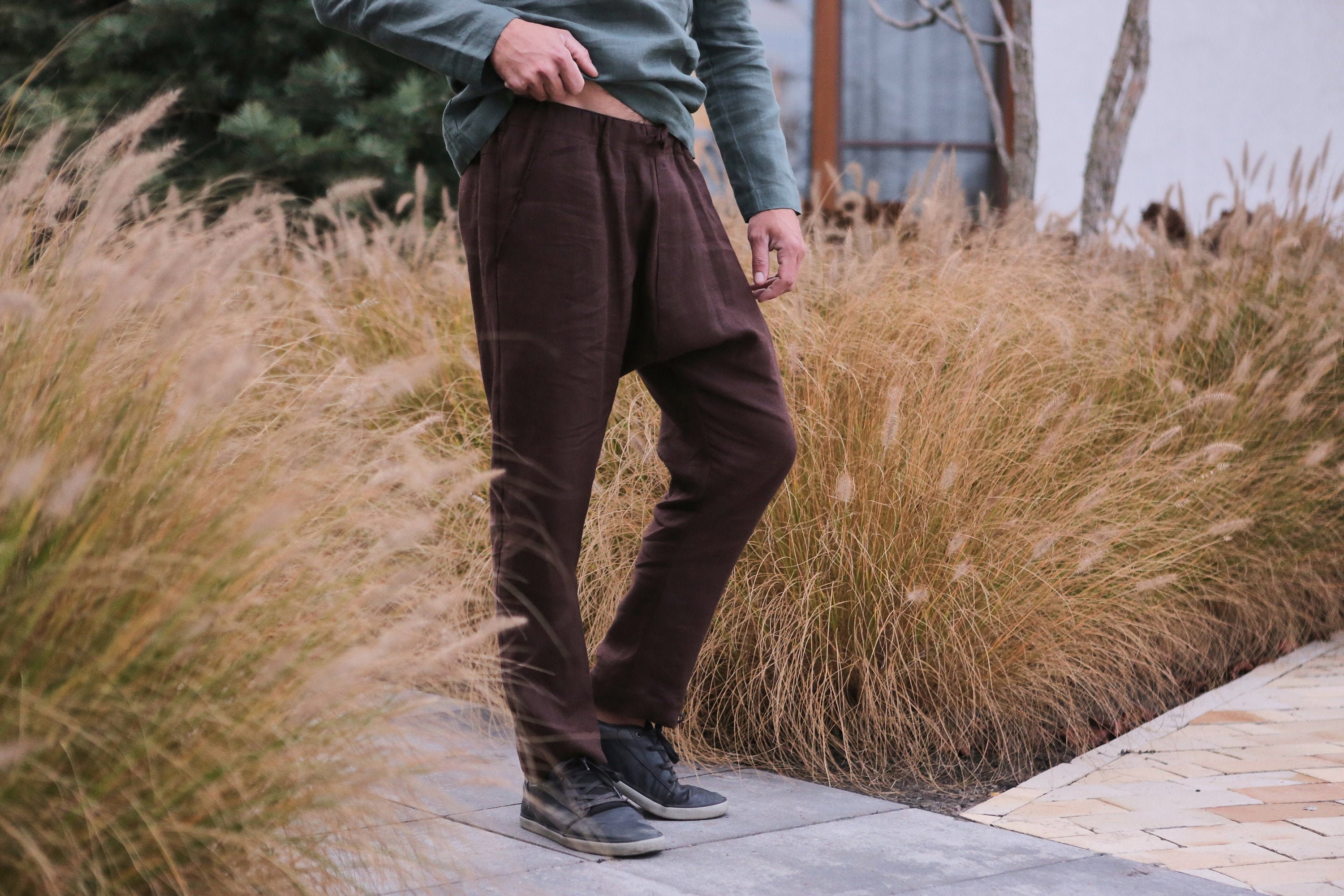 Heren linnen broek Baggy broek voor yoga vlas broek Heren - Etsy België