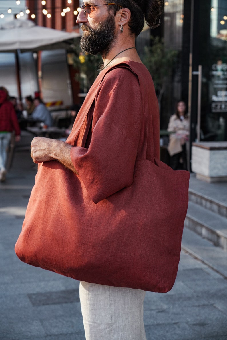 Borsa tote in lino, Zero rifiuti, Borsa da spiaggia, Shopper in lino biologico, Borsa vegana immagine 8