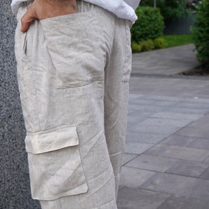 Heren linnen cargobroek met zijzakken, zomerbroek, beige loungebroek, werkbroek, cadeau voor hem, strandbroek, yogabroek afbeelding 5