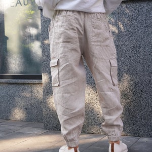 Mens linen cargo pants with side pockets, Summer pants, Beige lounge pants, Work trousers, Gift for him, Beach pants, Yoga pants zdjęcie 4