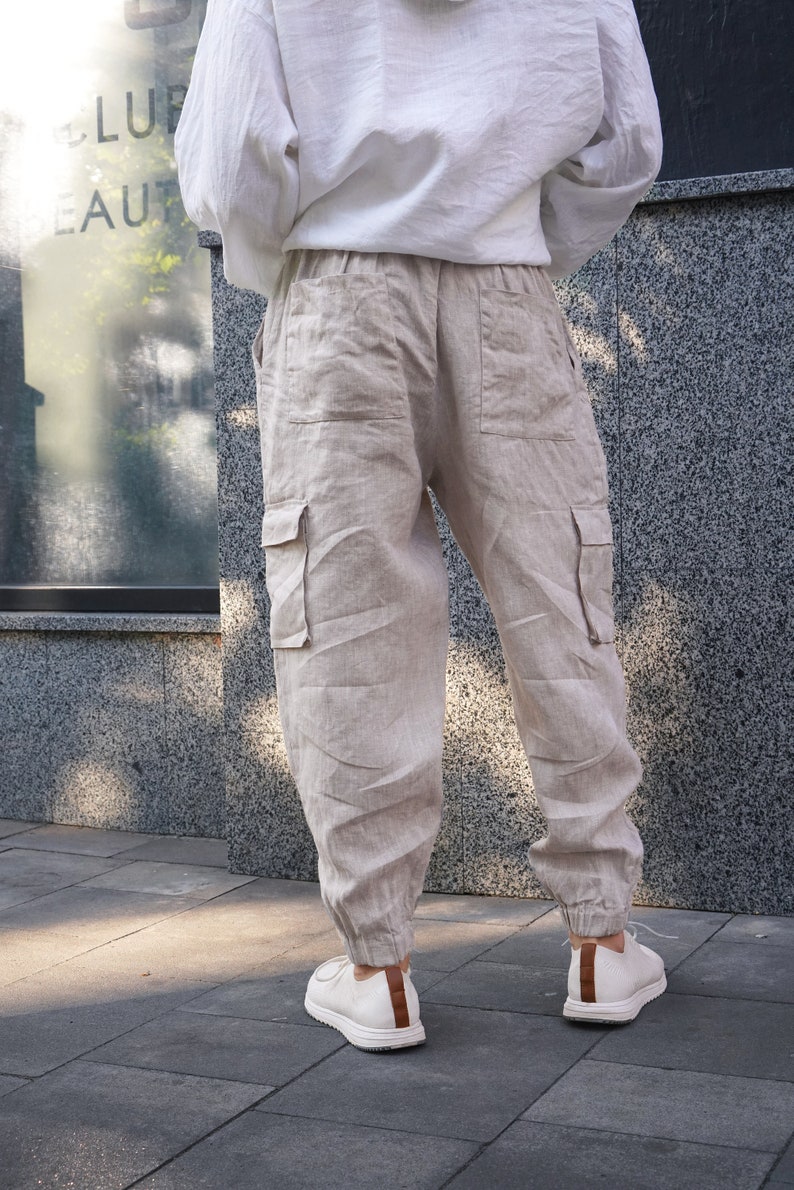 Mens linen cargo pants with side pockets, Summer pants, Beige lounge pants, Work trousers, Gift for him, Beach pants, Yoga pants zdjęcie 4