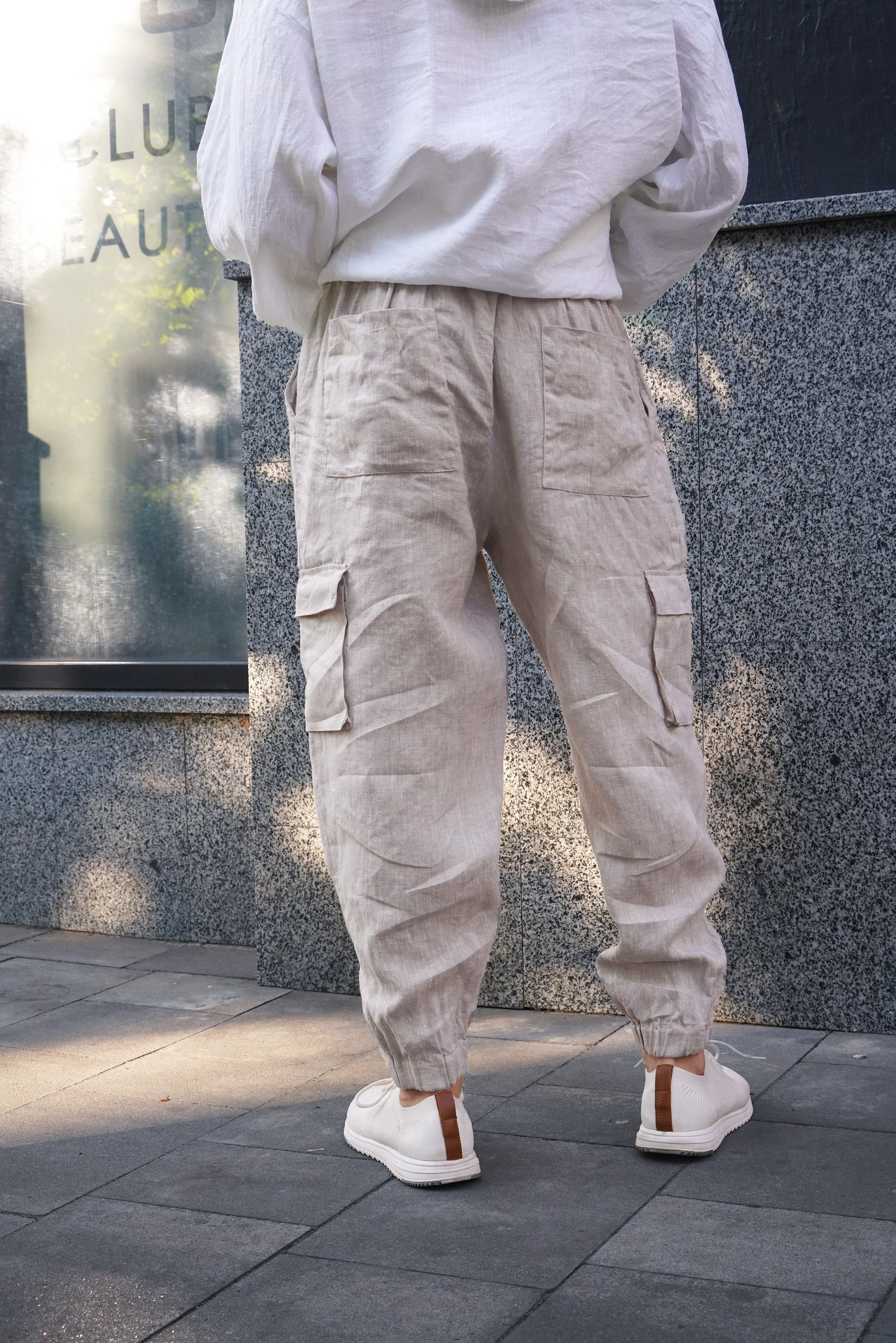 メンズリネンカーゴパンツ（サイドポケット付き）、サマーパンツ