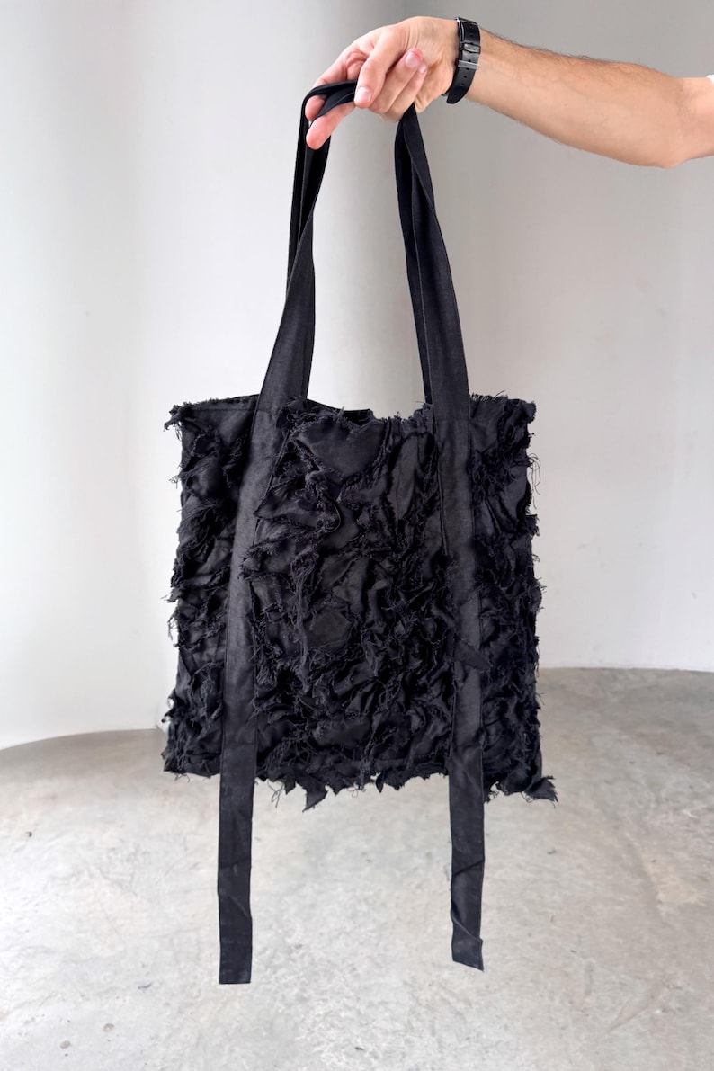 Peut inclure: Sac fourre-tout noir avec de longues anses. Le corps du sac pr&eacute;sente un motif textur&eacute; en tissu d&eacute;chiquet&eacute;. Les anses sont longues et fabriqu&eacute;es dans le m&ecirc;me mat&eacute;riau noir. Le sac est tenu par une main, mais l'accent est mis sur le sac lui-m&ecirc;me.