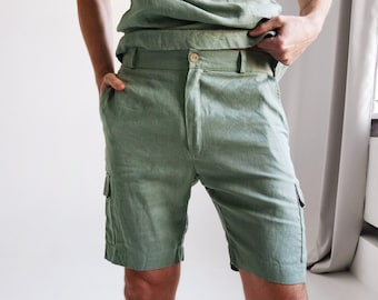 Mens linen shorts with side pockets, Cargo linen shorts, Shorts for men, Summer shorts, Olive color shorts, Flax shorts