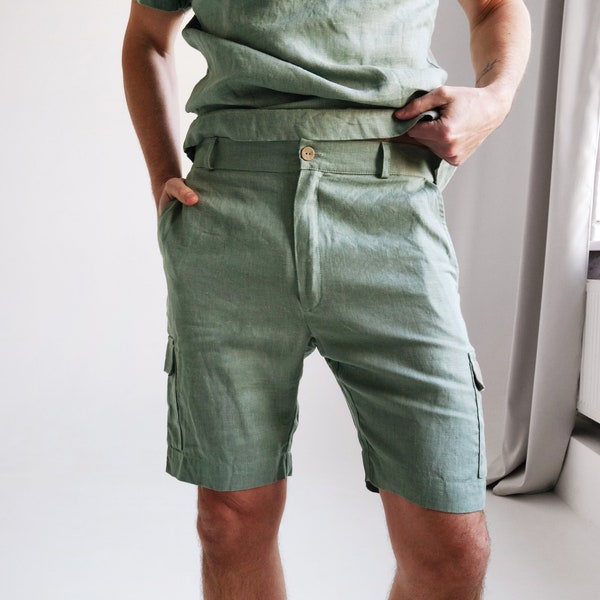 Mens linen shorts with side pockets, Cargo linen shorts, Shorts for men, Summer shorts, Olive color shorts, Flax shorts